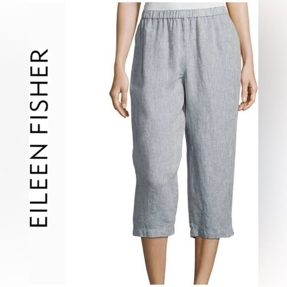 Eileen Fisher Organic Linen Straight Cropped Pants Blue Chambray Womens Size M